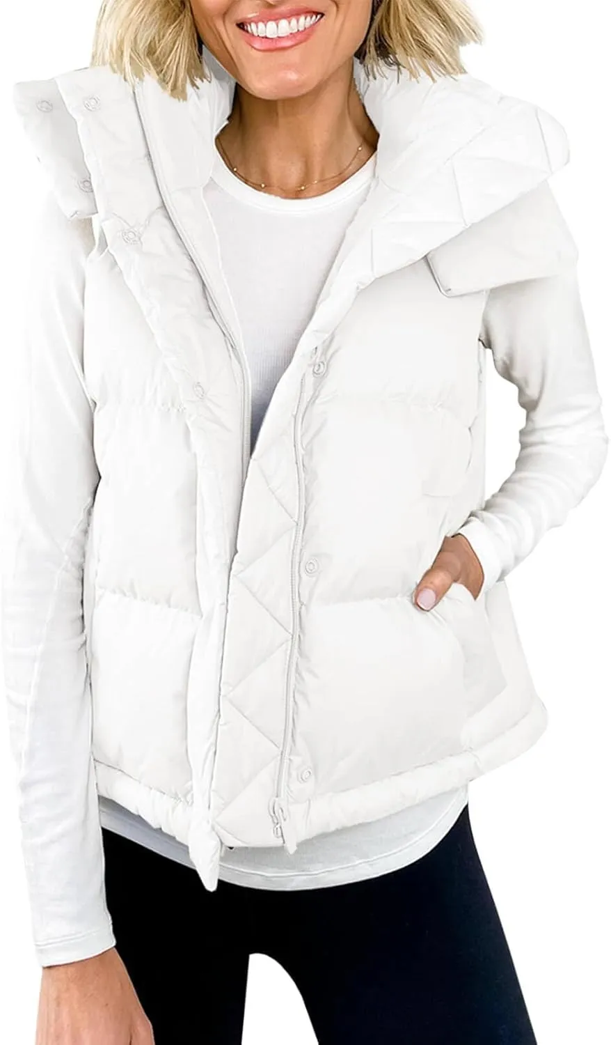 Imily Bela Womens Quilted Puffer Vest Hooded Winter Casual Stand Collar Gilet With Pockets