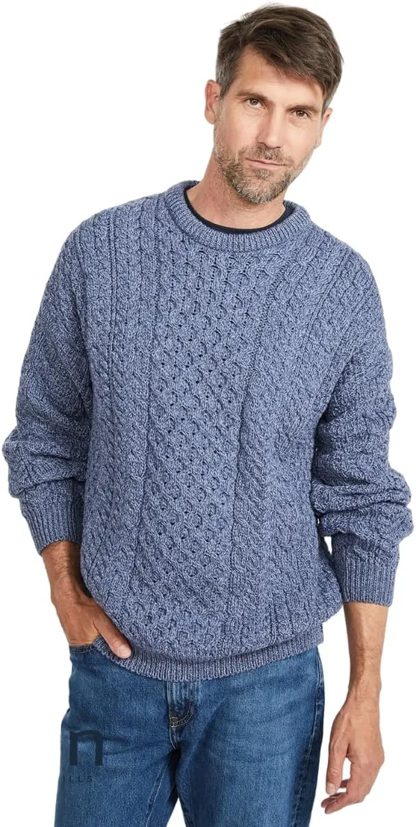 Inisheer Mens Irish Cable Knit Sweater, 100% Natural Irish Wool