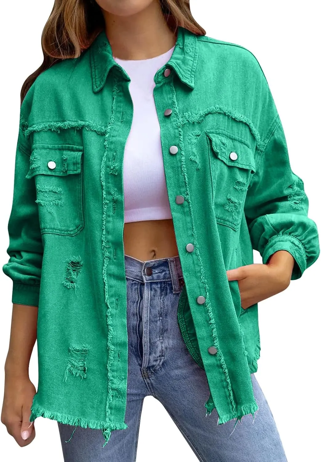 Jackets To Wear Over Dresses Women's Trendy Ripped Oversized Denim Jacket Casual Long Boyfriend Denim Shirt Dress