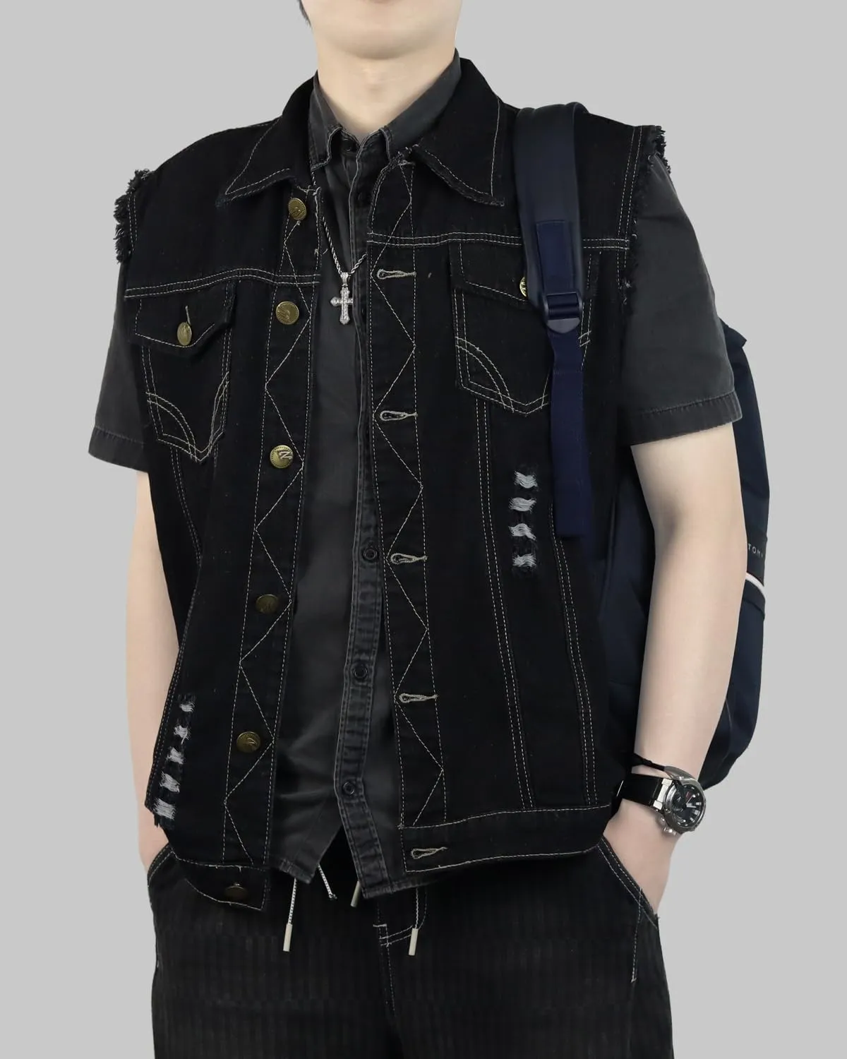 Jade Hare Men's Denim Vest Jean Vest Motorcycle Jacket Casual Style Sleeveless Ripped Denim Jacket