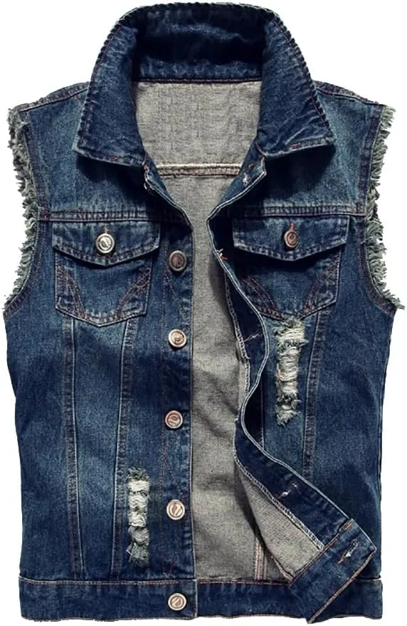 Jade Hare Men's Denim Vest Jean Vest Motorcycle Jacket Casual Style Sleeveless Ripped Denim Jacket