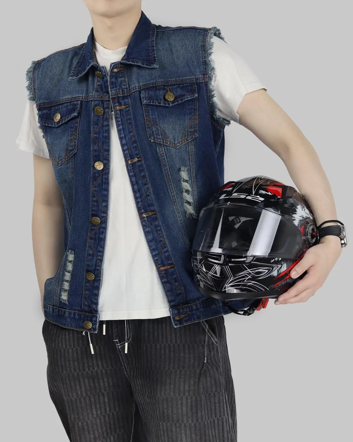Jade Hare Men's Denim Vest Jean Vest Motorcycle Jacket Casual Style Sleeveless Ripped Denim Jacket