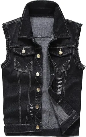 Jade Hare Men's Denim Vest Jean Vest Motorcycle Jacket Casual Style Sleeveless Ripped Denim Jacket