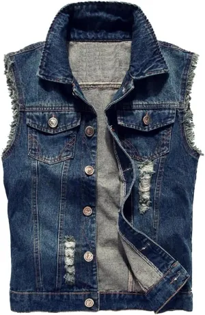 Jade Hare Men's Denim Vest Jean Vest Motorcycle Jacket Casual Style Sleeveless Ripped Denim Jacket