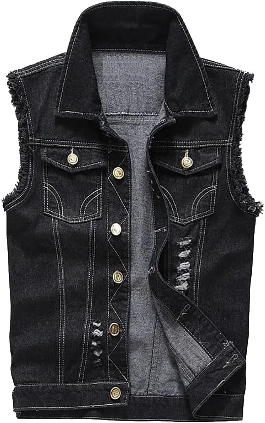 Jade Hare Men's Denim Vest Jean Vest Motorcycle Jacket Casual Style Sleeveless Ripped Denim Jacket