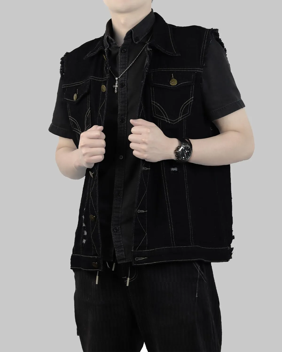 Jade Hare Men's Denim Vest Jean Vest Motorcycle Jacket Casual Style Sleeveless Ripped Denim Jacket