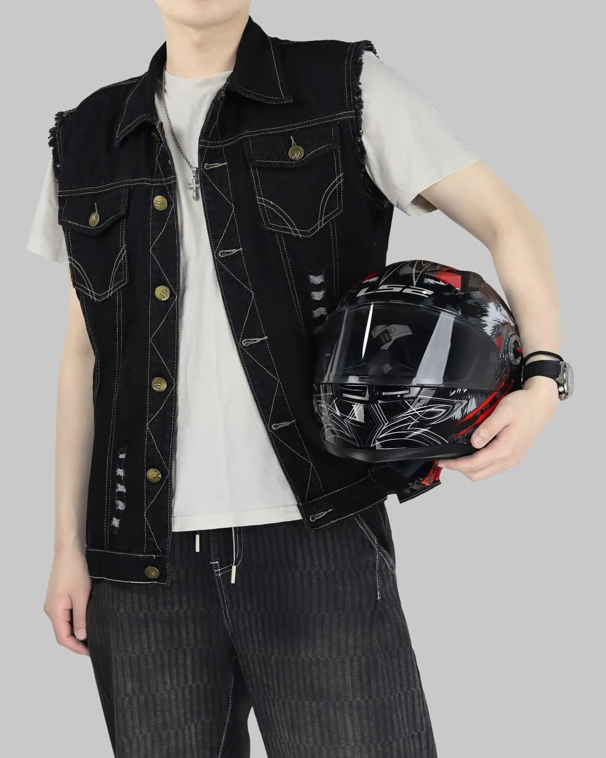 Jade Hare Men's Denim Vest Jean Vest Motorcycle Jacket Casual Style Sleeveless Ripped Denim Jacket