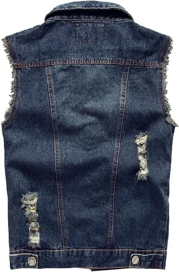 Jade Hare Men's Denim Vest Jean Vest Motorcycle Jacket Casual Style Sleeveless Ripped Denim Jacket