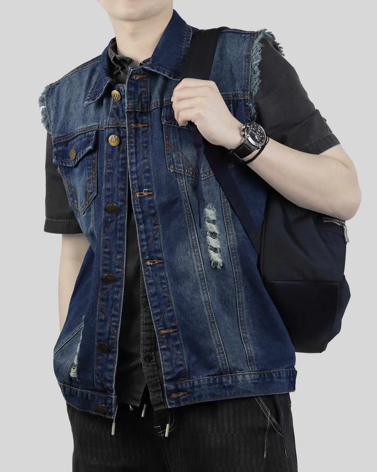 Jade Hare Men's Denim Vest Jean Vest Motorcycle Jacket Casual Style Sleeveless Ripped Denim Jacket