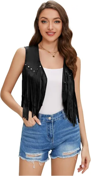 JASGOOD Women's Tassel Vest 70s Hippie Faux Suede Sleeveless Fringe Jacket Western Outfit for Women