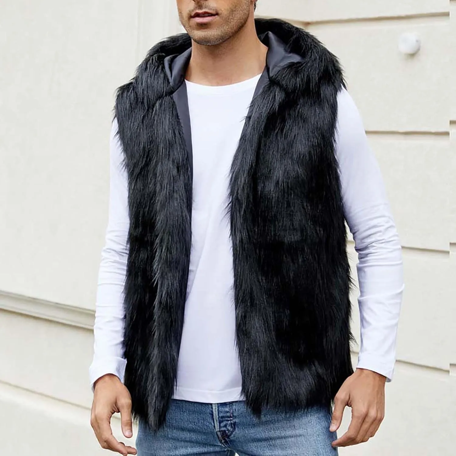 jsaierl Faux Fur Gilet Men Luxury Faux Fur Hoodie Coats Sleeveless Thick Jacket Soft Warm Fluffy Waistcoats Vest with Hood