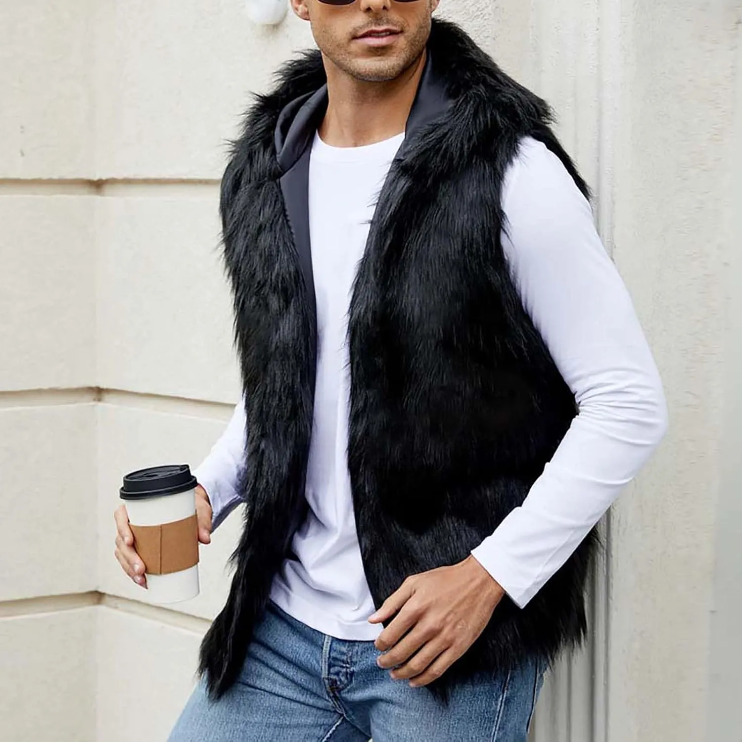 jsaierl Faux Fur Gilet Men Luxury Faux Fur Hoodie Coats Sleeveless Thick Jacket Soft Warm Fluffy Waistcoats Vest with Hood
