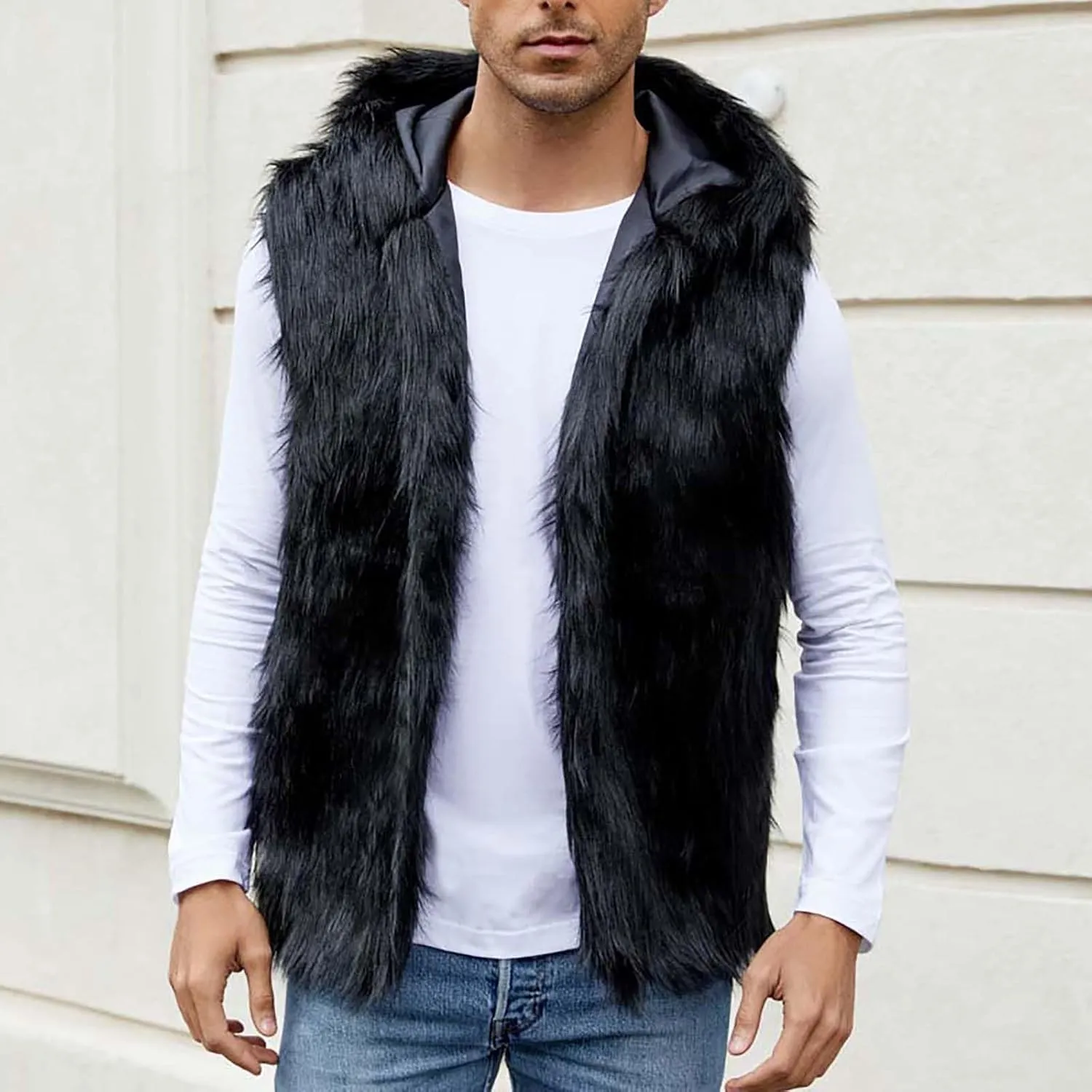 jsaierl Faux Fur Gilet Men Luxury Faux Fur Hoodie Coats Sleeveless Thick Jacket Soft Warm Fluffy Waistcoats Vest with Hood