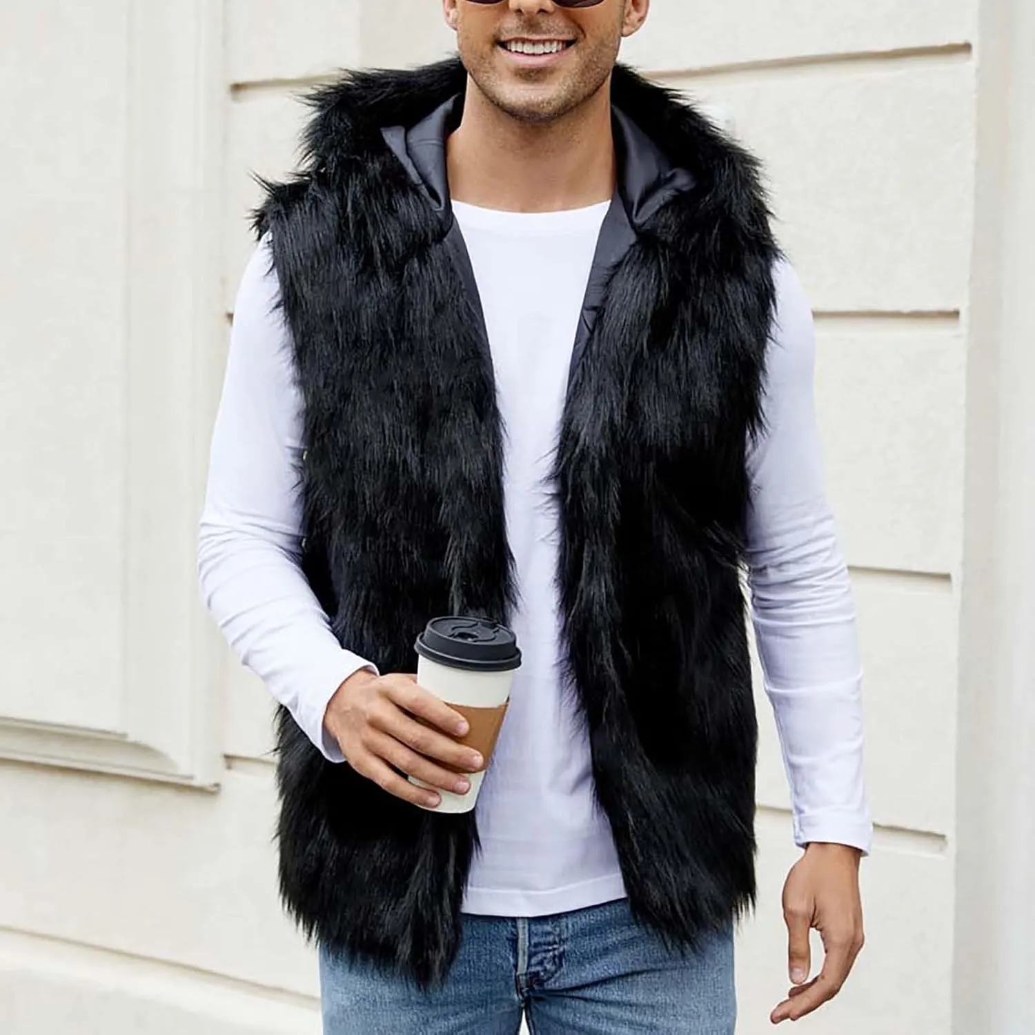 jsaierl Faux Fur Gilet Men Luxury Faux Fur Hoodie Coats Sleeveless Thick Jacket Soft Warm Fluffy Waistcoats Vest with Hood