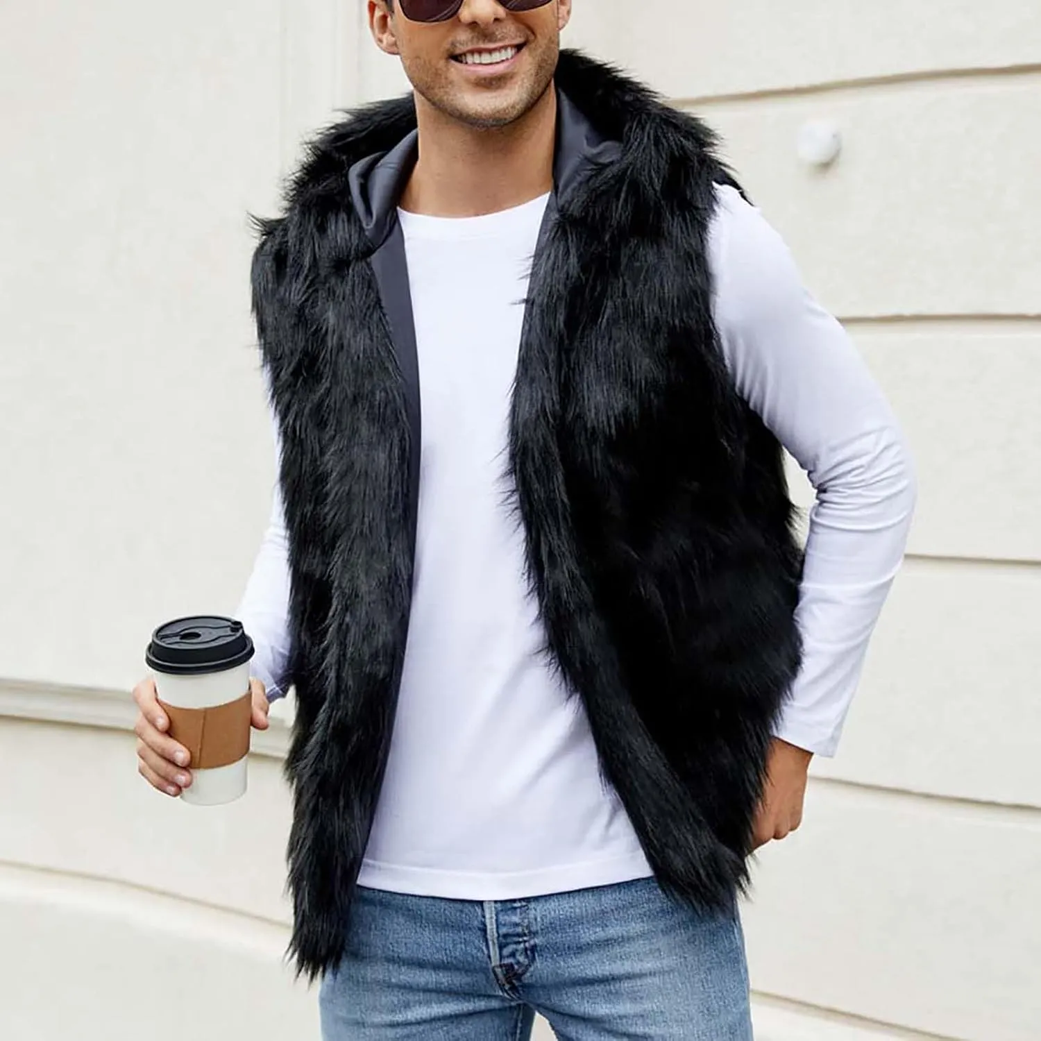 jsaierl Faux Fur Gilet Men Luxury Faux Fur Hoodie Coats Sleeveless Thick Jacket Soft Warm Fluffy Waistcoats Vest with Hood