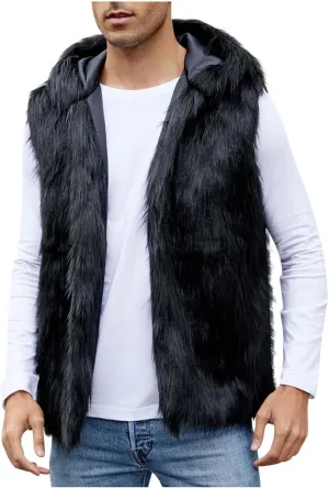 jsaierl Faux Fur Gilet Men Luxury Faux Fur Hoodie Coats Sleeveless Thick Jacket Soft Warm Fluffy Waistcoats Vest with Hood