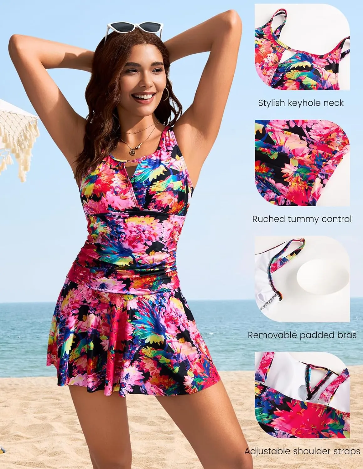 Kate Kasin 2 Piece Tankini Swimsuits for Women Tummy Control Swimdress Skirt Bathing Suit with Briefs Modest Ruched Swimwear