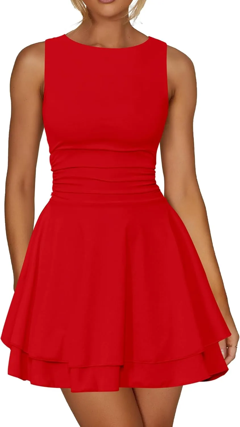 Kaximil Women's Ruffle Hem Boat Neck Mini Dress Sleeveless Ruched Corset Short Party Dresses