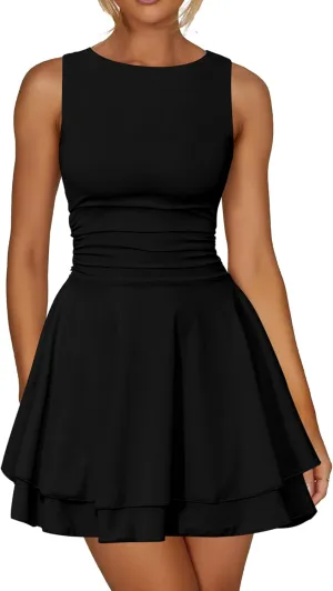 Kaximil Women's Ruffle Hem Boat Neck Mini Dress Sleeveless Ruched Corset Short Party Dresses