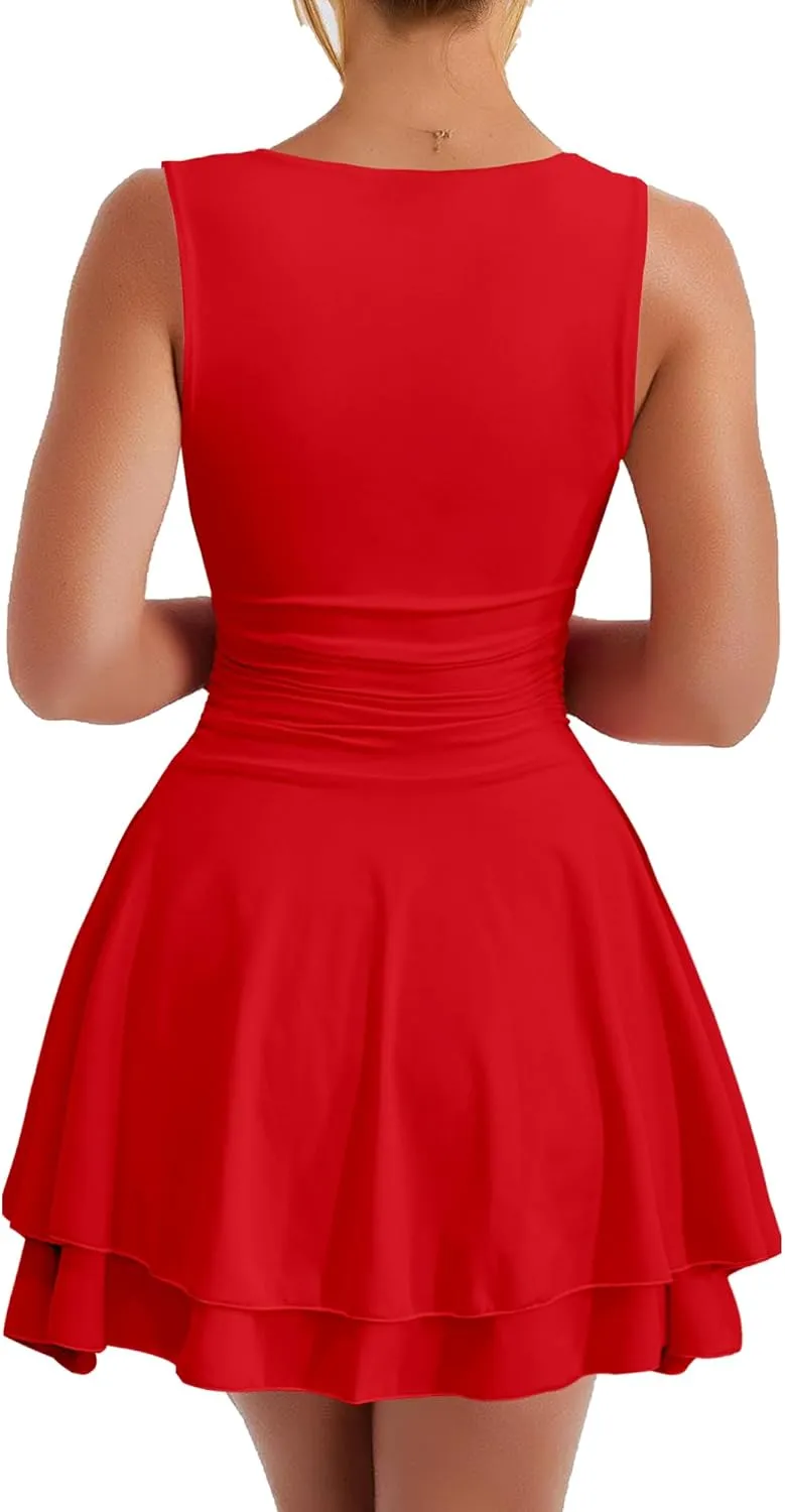 Kaximil Women's Ruffle Hem Boat Neck Mini Dress Sleeveless Ruched Corset Short Party Dresses