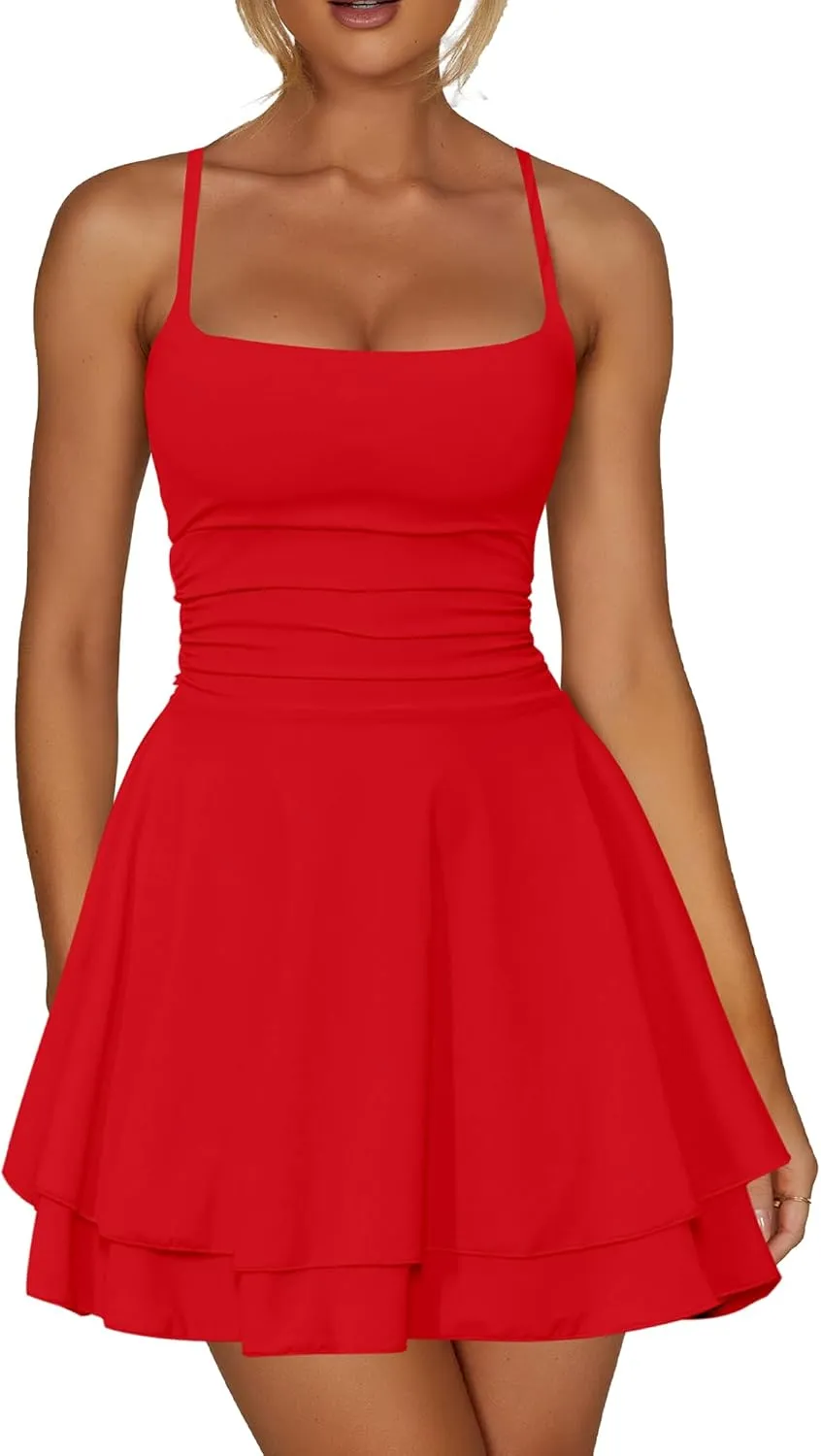 Kaximil Women's Sexy Ruffle Mini Dress Spaghetti Strap Ruched Corset Party Club Short Dresses