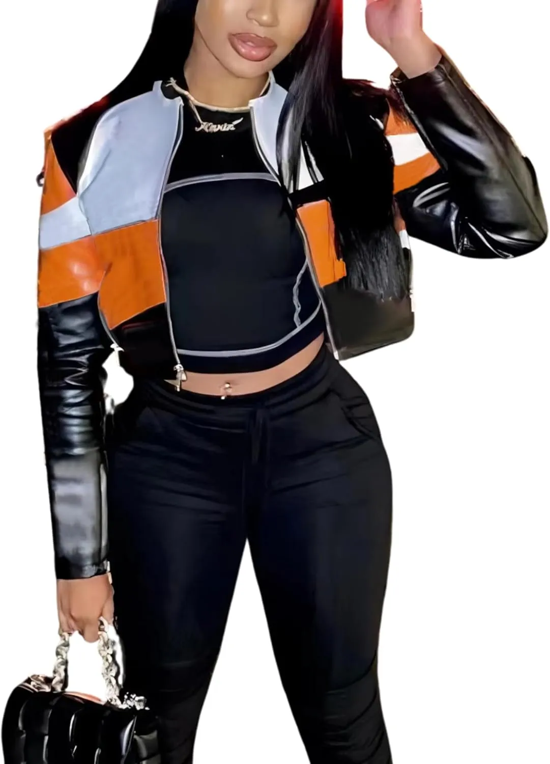 Ksotutm Women's Leather Bomber Motorcycle Jacket, Black, Long, Classic Fit, All Season, Casual, Party