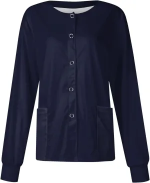 KUIOLYPOER Scrub Jackets for Woman Solid Color Long Sleeve Snap Front Nurses Uniform Plus Size Casual Pockets Scrub Tops