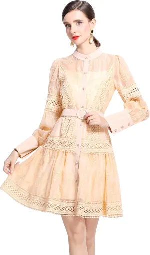 LAI MENG FIVE CATS Women's Hollow Out Floral Print Lantern Sleeve Button Up Casual Mini Dress