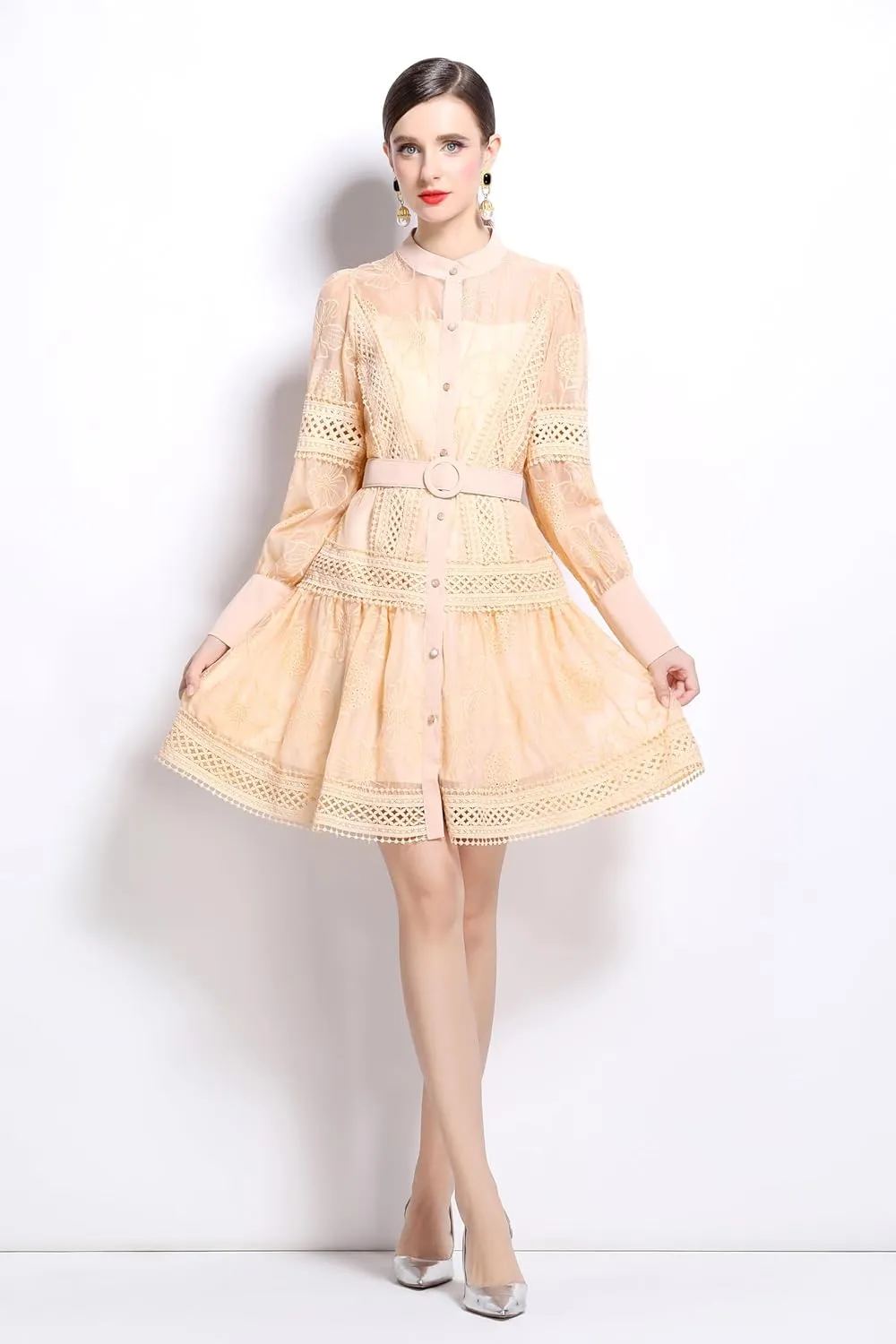 LAI MENG FIVE CATS Women's Hollow Out Floral Print Lantern Sleeve Button Up Casual Mini Dress
