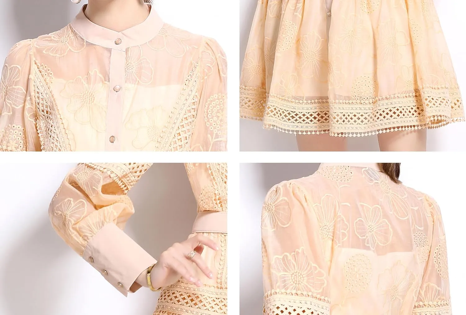LAI MENG FIVE CATS Women's Hollow Out Floral Print Lantern Sleeve Button Up Casual Mini Dress