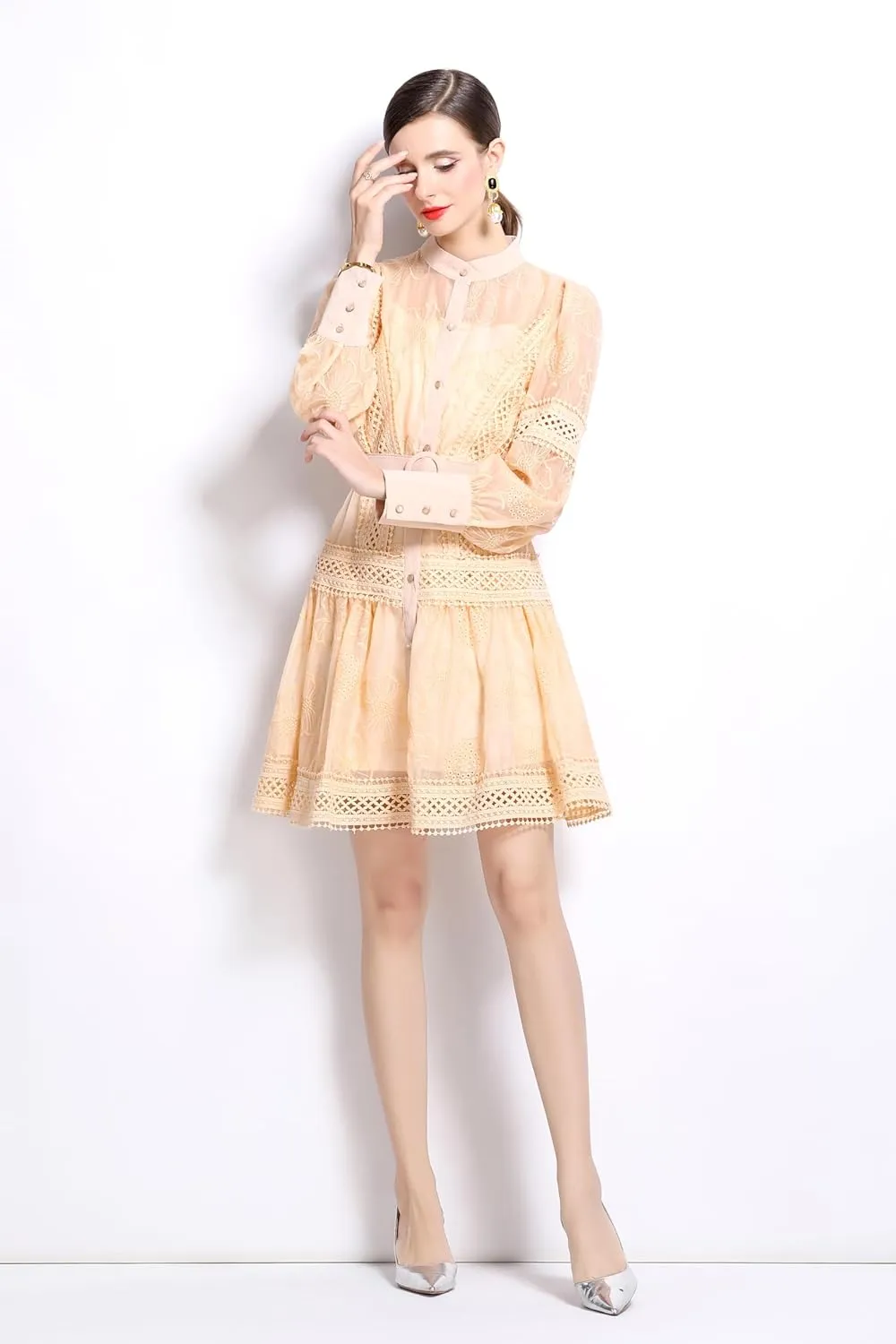 LAI MENG FIVE CATS Women's Hollow Out Floral Print Lantern Sleeve Button Up Casual Mini Dress