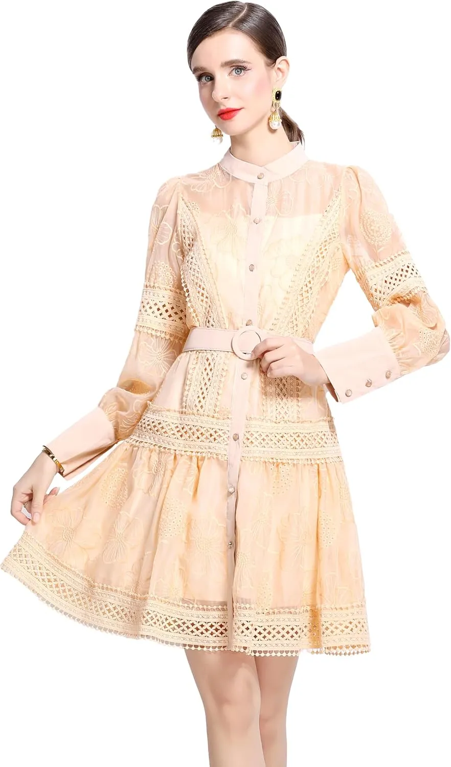 LAI MENG FIVE CATS Women's Hollow Out Floral Print Lantern Sleeve Button Up Casual Mini Dress