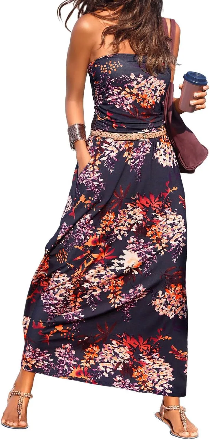 LASCANA Women's Casual Summer Sleeveless Bandeau Maxi Dress with Pockets