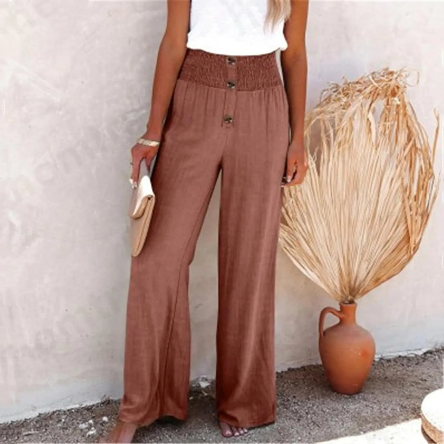 Lastesso Wide Leg Pants Woman Cotton Linen Summer Palazzo Pants Trendy High Waisted Palazzo Trousers Lightweight Boho Clothes