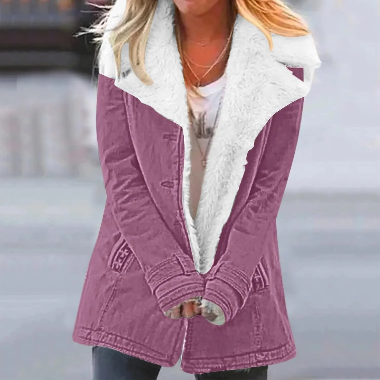 LCMTWX Fuzzy Fleece Jackets for Women Lapel Single Breasted Long Sleeve Plus Size Outwear Fuzzy Faux Shearling Zipper Plus