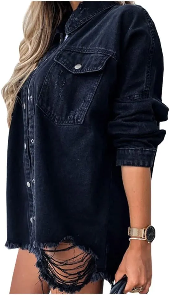 LifeShe Womens ripped distressed denim jacket shacket boyfriend fringe jean jackets coat oversized