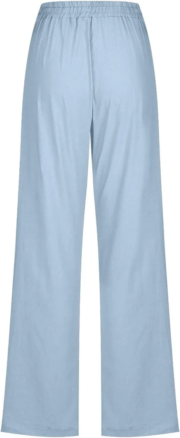 Lightweight Linen Pants for Women 2025 Summer High Waist Elastic Straight Leg Lounge Pant Casual Loose Beach Trousers