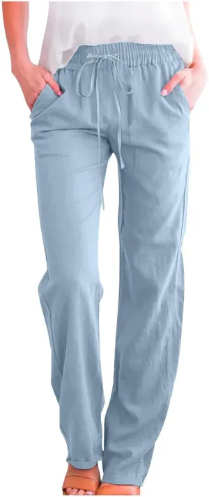 Lightweight Linen Pants for Women 2025 Summer High Waist Elastic Straight Leg Lounge Pant Casual Loose Beach Trousers