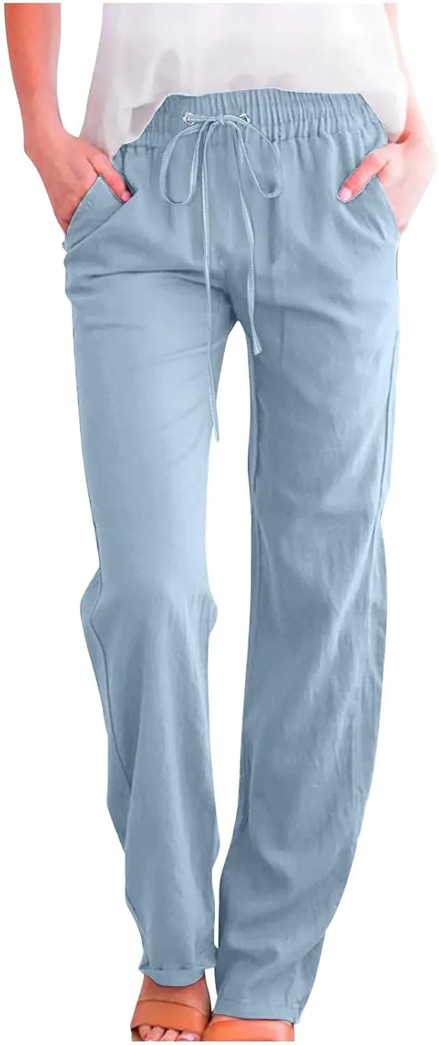 Lightweight Linen Pants for Women 2025 Summer High Waist Elastic Straight Leg Lounge Pant Casual Loose Beach Trousers