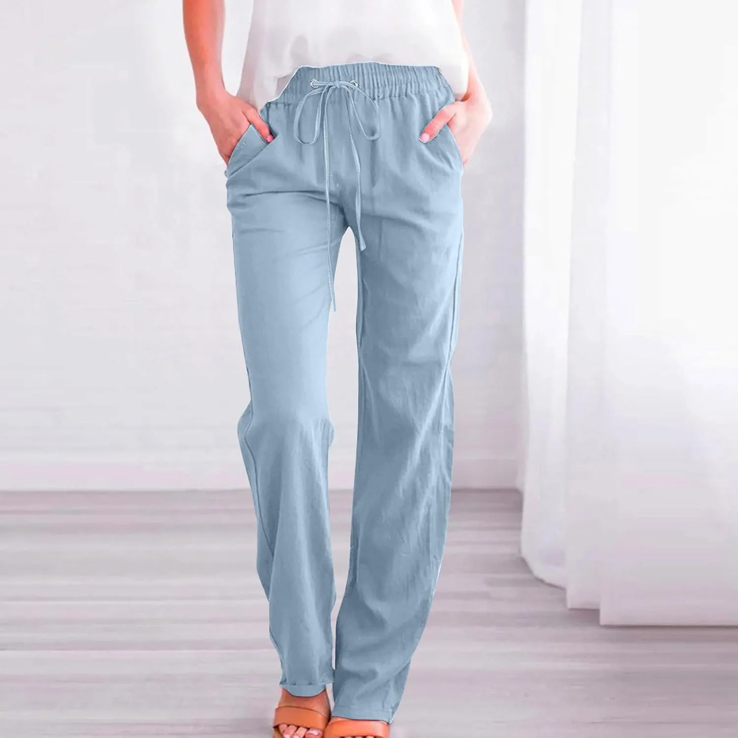 Lightweight Linen Pants for Women 2025 Summer High Waist Elastic Straight Leg Lounge Pant Casual Loose Beach Trousers