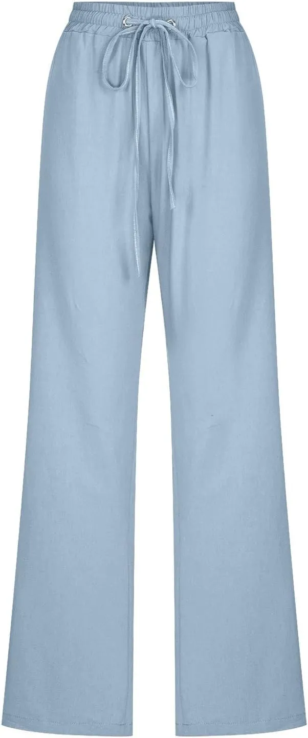 Lightweight Linen Pants for Women 2025 Summer High Waist Elastic Straight Leg Lounge Pant Casual Loose Beach Trousers