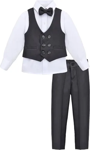 Lilax Toddler & Little Boys Suit Set, Formal Suit Vest, White Dress Shirt, Dress Pants and Bowtie 4 Piece Suit Set
