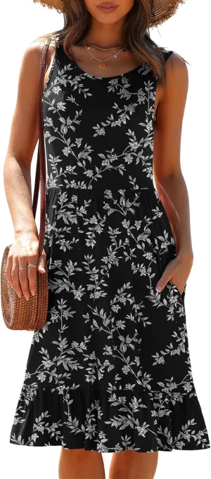 LILBETTER Women's Round Neck Summer Sundresses Casual Pleated Ruffle Hem Knee Length Sleeveless Tank Dress with Pockets