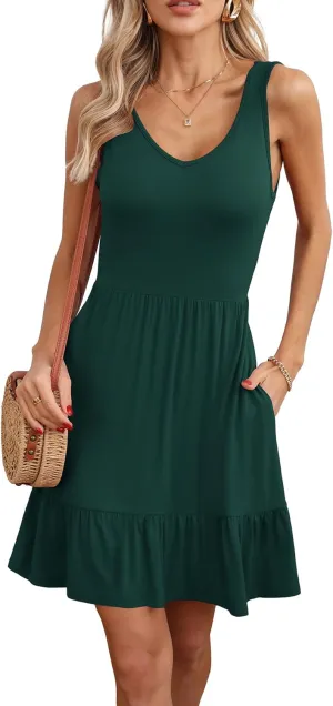 LILBETTER Women's Sleeveless Casual V Neck Summer Sundresses Pleated Ruffle Hem Knee Length Tank Dress with Pockets