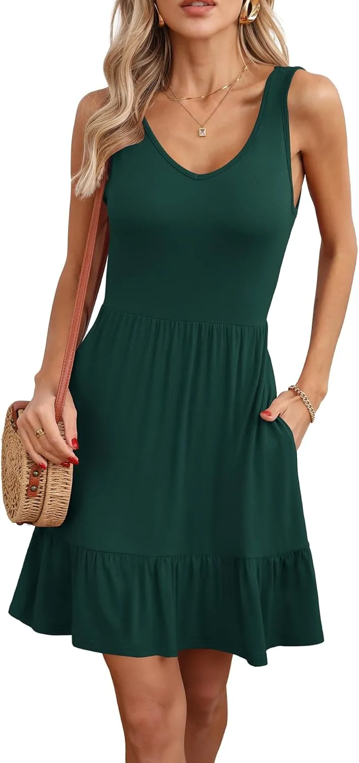 LILBETTER Women's Sleeveless Casual V Neck Summer Sundresses Pleated Ruffle Hem Knee Length Tank Dress with Pockets