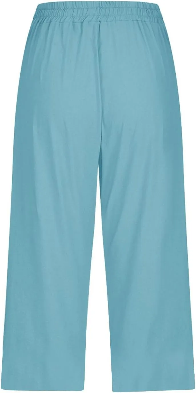 Linen Capri Pants for Women Casual Drawstring Waist Lightweight Summer Pants High Waist Capris Loose Beach Trousers