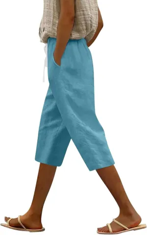 Linen Capri Pants for Women Casual Drawstring Waist Lightweight Summer Pants High Waist Capris Loose Beach Trousers