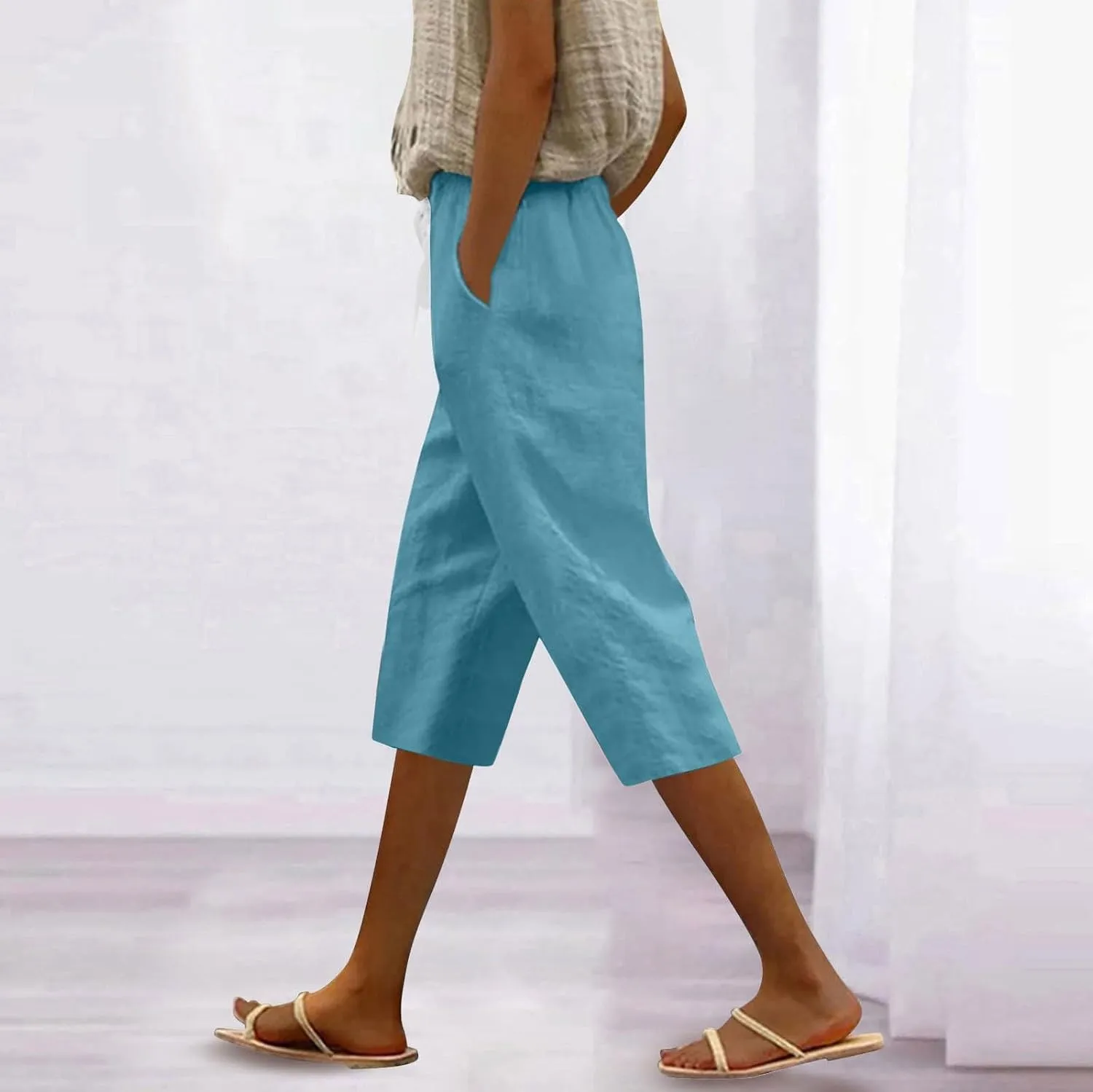 Linen Capri Pants for Women Casual Drawstring Waist Lightweight Summer Pants High Waist Capris Loose Beach Trousers