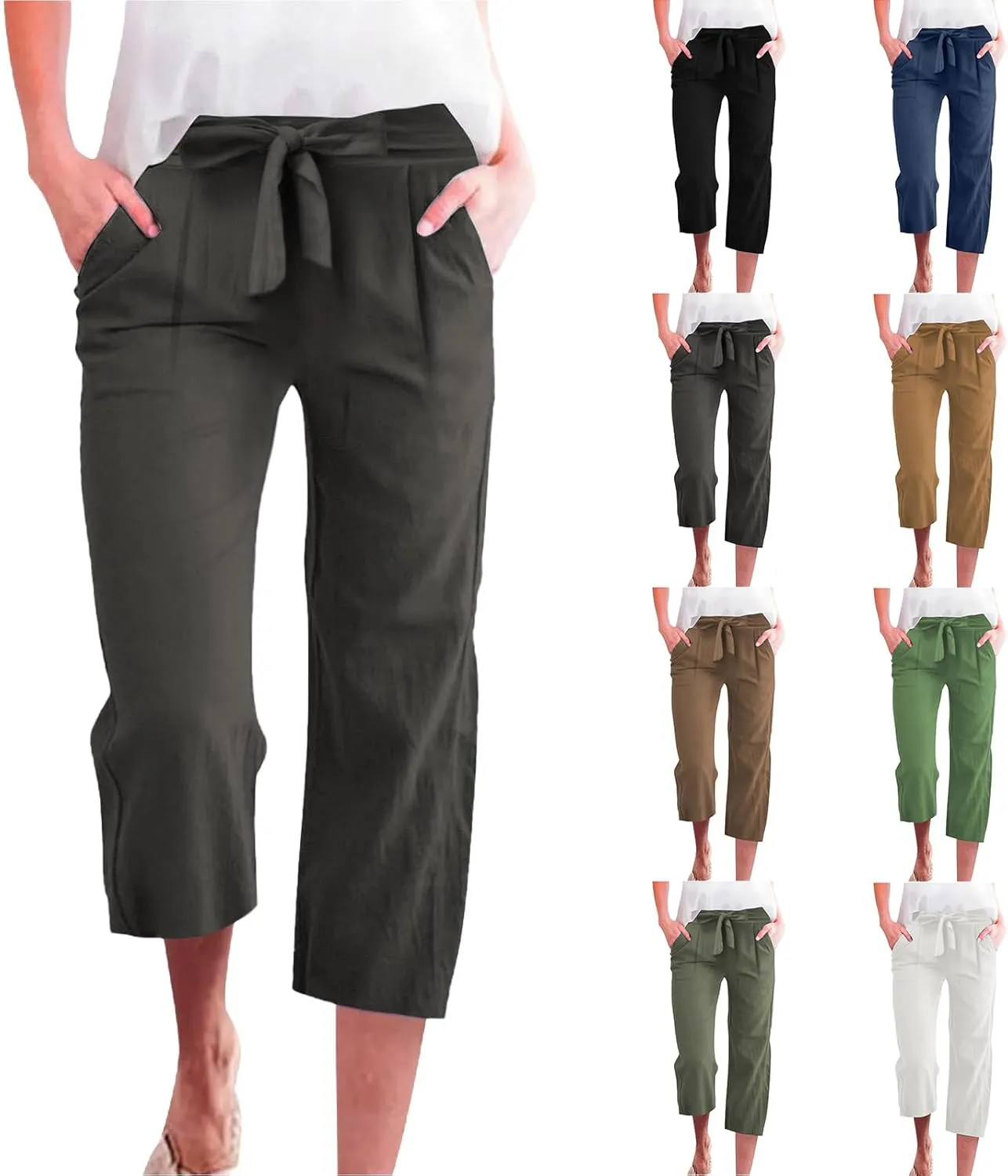Linen Capri Pants for Women Casual Summer Tie Elastic Waist Capris Plus Size Crop Pants Wide Leg Cropped Trousers