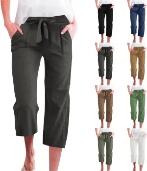 Linen Capri Pants for Women Casual Summer Tie Elastic Waist Capris Plus Size Crop Pants Wide Leg Cropped Trousers